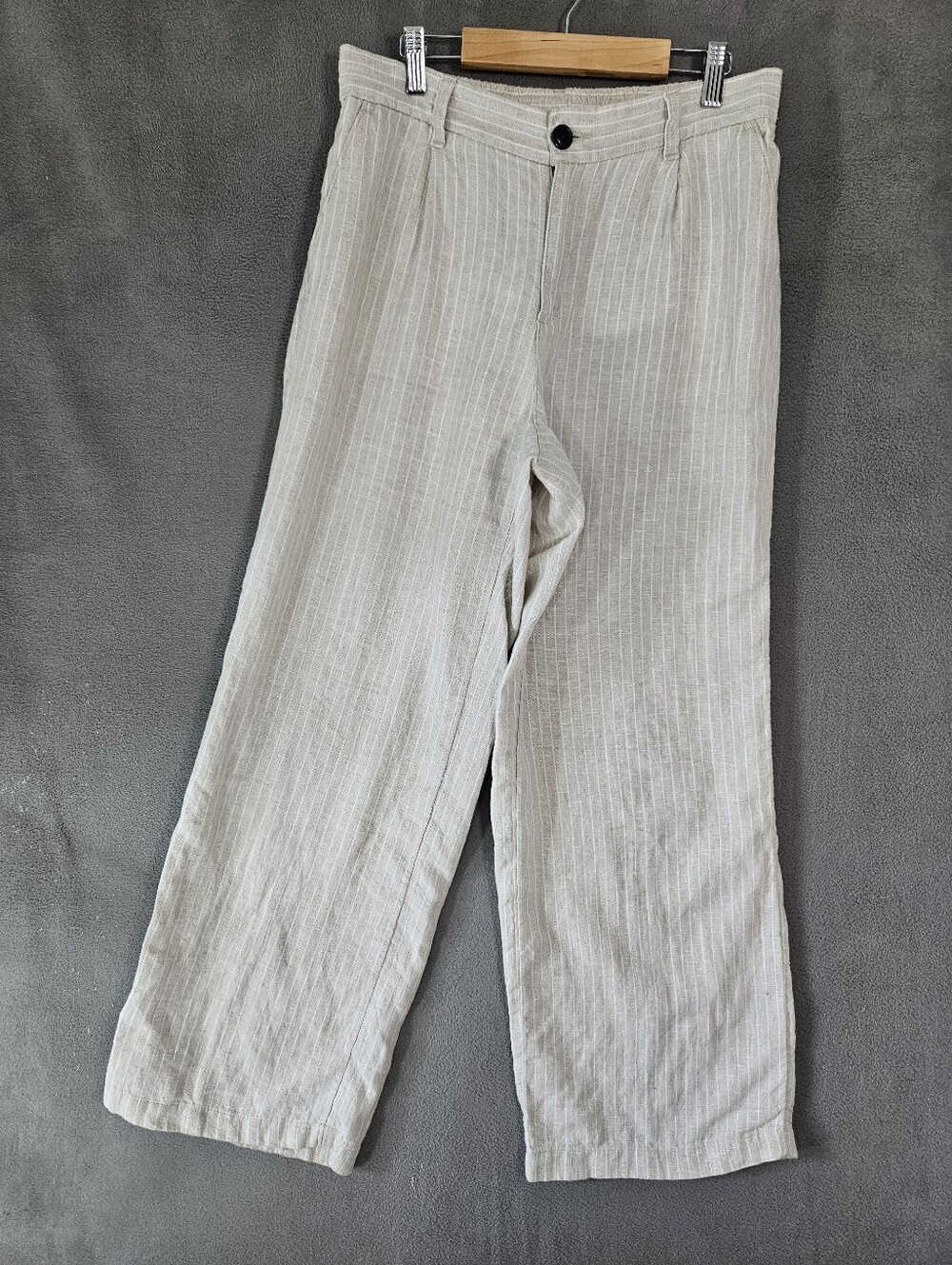 Lands End 8P Petite Wide Leg Pants 100% Linen High-Rise Beige Stripe Coastal
